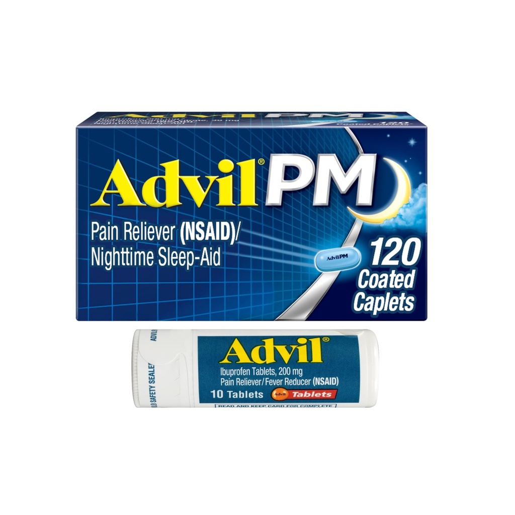 Advil PM Pain Reliever ja yöllä unilääke, Ibuprofeeni kivunlievitykseen ja difenhydramiini Sitraatti unilääke - 120 päällystetty Caplets ja kivunlievitys ja kuumeen reduktori, 10 kreivitablettia