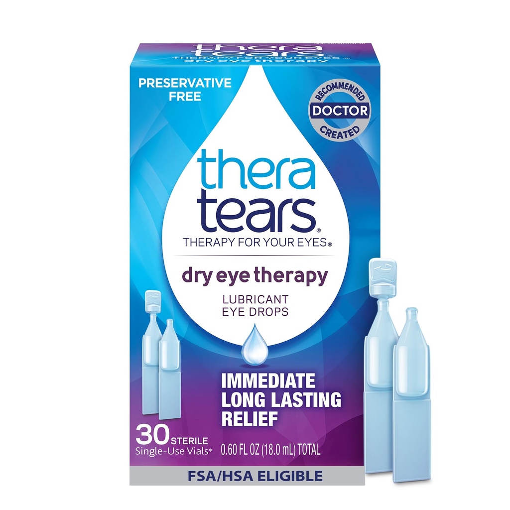 TheraTears Dry Eye Therapy Lubricating Eye Drops för torra ögon, konserveringsfria ögondroppar, 30 Single-Use Vials