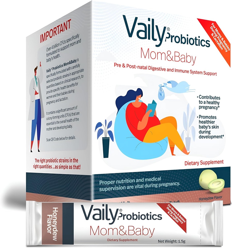 Vaily Mom & Baby Probiotic - Post & Prenatal Vitamins Probiotikapulver för kvinnor - Stärker immunsystem & Digestive Health, Healthy Baby Skin - Prenatal Essentials, Easy Digestion - 30 Sticks