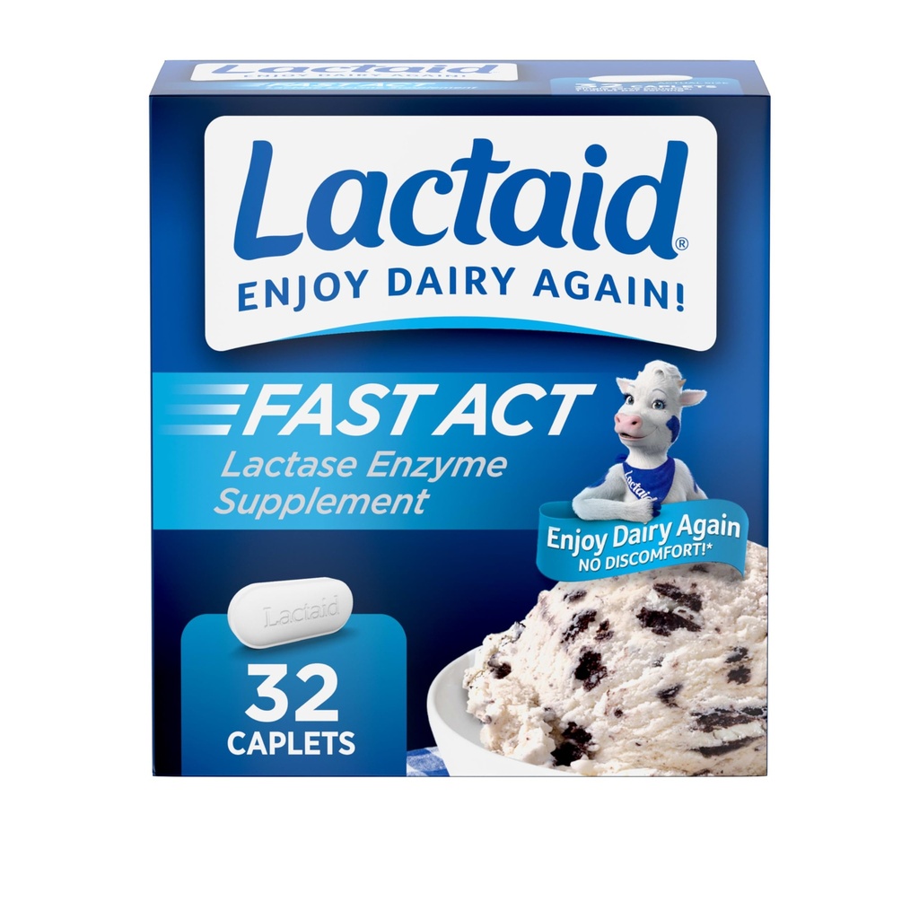 Lactaid Fast Act Laktoosi-intoleranssi Response Caplets kanssa laktaasi-entsyymi estämään kaasua, turvotusta ja ripulia johtuen laktoosiherkkyydestä, ihanteellinen matkustaa & On-The-Go, 32 pakkausta 1-Count