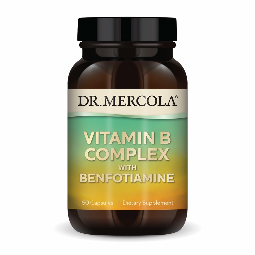 Dr Mercola Vitamin B Complex med Benfotiamine - Stöder Cellular, Brain & Immune Health - Non-GMO, Gluten-Free & Soy-Free - 60 kapslar (30 portioner)