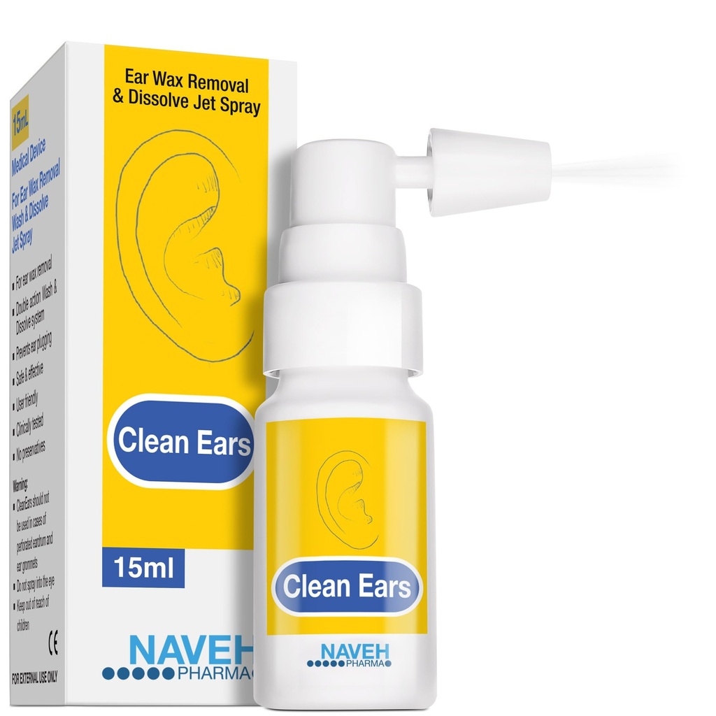 NAVEH PHARMA® CleanEars | Fast-Acting Ear Wax Removal Spray | Breaks Down & Dissolves Earwax i bara 1 Behandling | Kliniskt bevisad att vara 300% effektivare W/Mineral Oil | Gentle & Safe | 0,5 Fl Oz