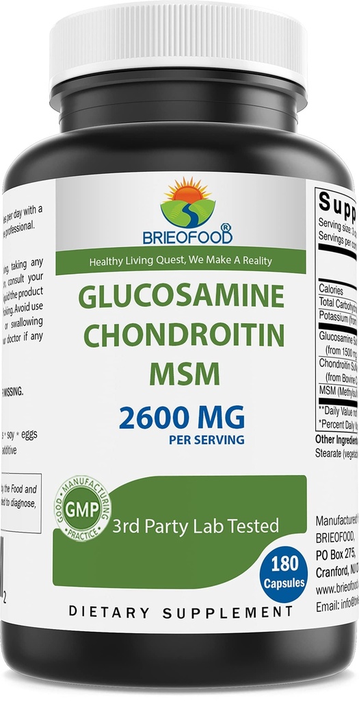 Brieofood Triple Strength Glukosamiini Chondroitin MSM 2600mg/Serving kapselit, tukee terve Joint, Cartilage ja Connective kudos - edistää yhteinen mukavuus ja joustavuus 180 Count