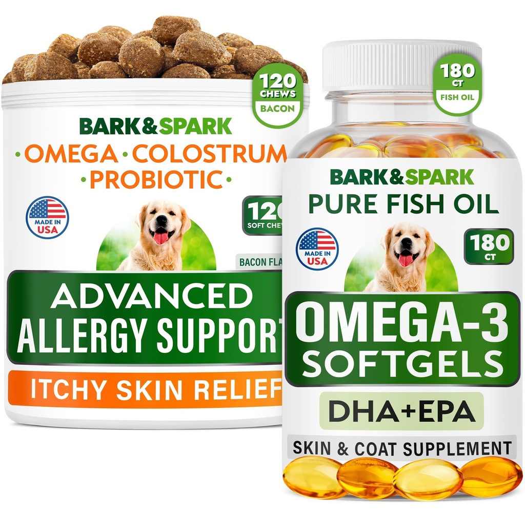 Advanced Dog Allergy + Omega 3 Bundle - Kuti - Probiootit w/kalaöljy Omega 3 + EPA&DHA rasvahappo - ihon allergiat + Joint Health - 120 Chews + 180 Softgels - Bacon + Fish Flavor - Made in USA