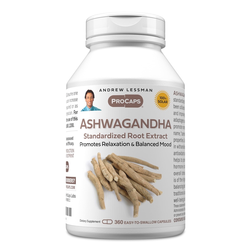 Andrew LESSMAN Ashwagandha 360 kapselia - Standardoitu Ashwagandha Extract. Edistää rentoutumista, positiivista mielialaa, yleistä hyvinvointia ja elinvoimaa. Pieni helppo niellä kapselit