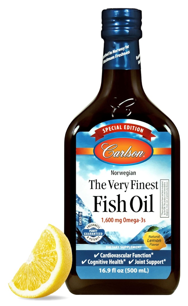 Carlson - The Very Finest Fish Oil, Special Edition, 1600 mg Omega-3s, Liquid Supplement, Norwegian Fish Oil, Wild-Caught, kestävästi lähdetty neste, sitruuna, 500 ml (16,9 Fl Oz)
