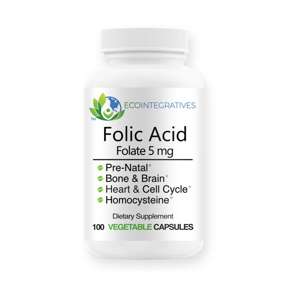 Foolihappo Folaatti 5 mg (B9) Prenataali-, Lisääntymisterveys-, homokysteiini-, aineenvaihdunta-, kardiovaskulaari-, luu-, immuuni- tuki-, allergeeni-, non GMO - 100 vegaanikapselia