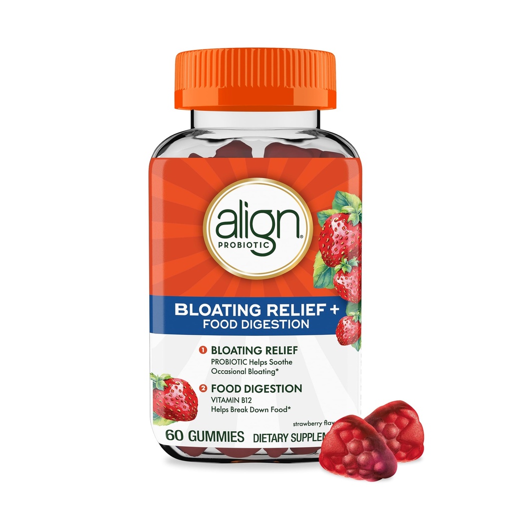 Align Probiotic, Bloating Relief + Mat Digestion, Probiotika för kvinnor och män, Probiotic hjälper lugna ockasionella uppblåsthet *, med vitamin B12 för att hjälpa till att bryta ner mat i cellulär energi *,60 Gummies