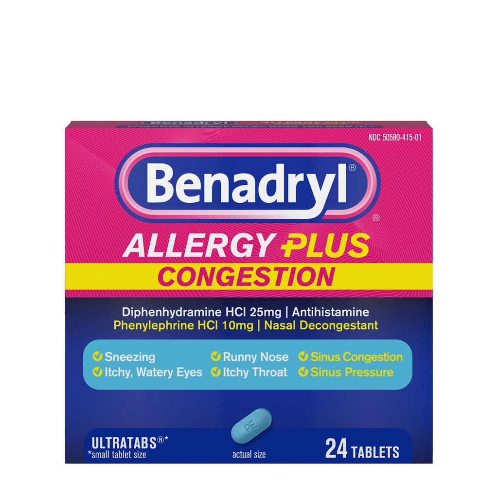 Benadryl Allergy Plus Överbelastning Ultratabs, Medicin med Diphenhydramine HCl Antihistamine & Phenylephrine HCl Nasal Decongestant, Allergy & Sinus Överbelastning Tabletter, 24 ct