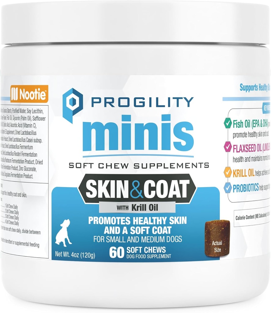 Nootie Progility Mini Skin & Coat Supplement for Small Dogs, Fish Oil Tukee Terve iho & turkki, 60 pehmeää purtavaa per kontti
