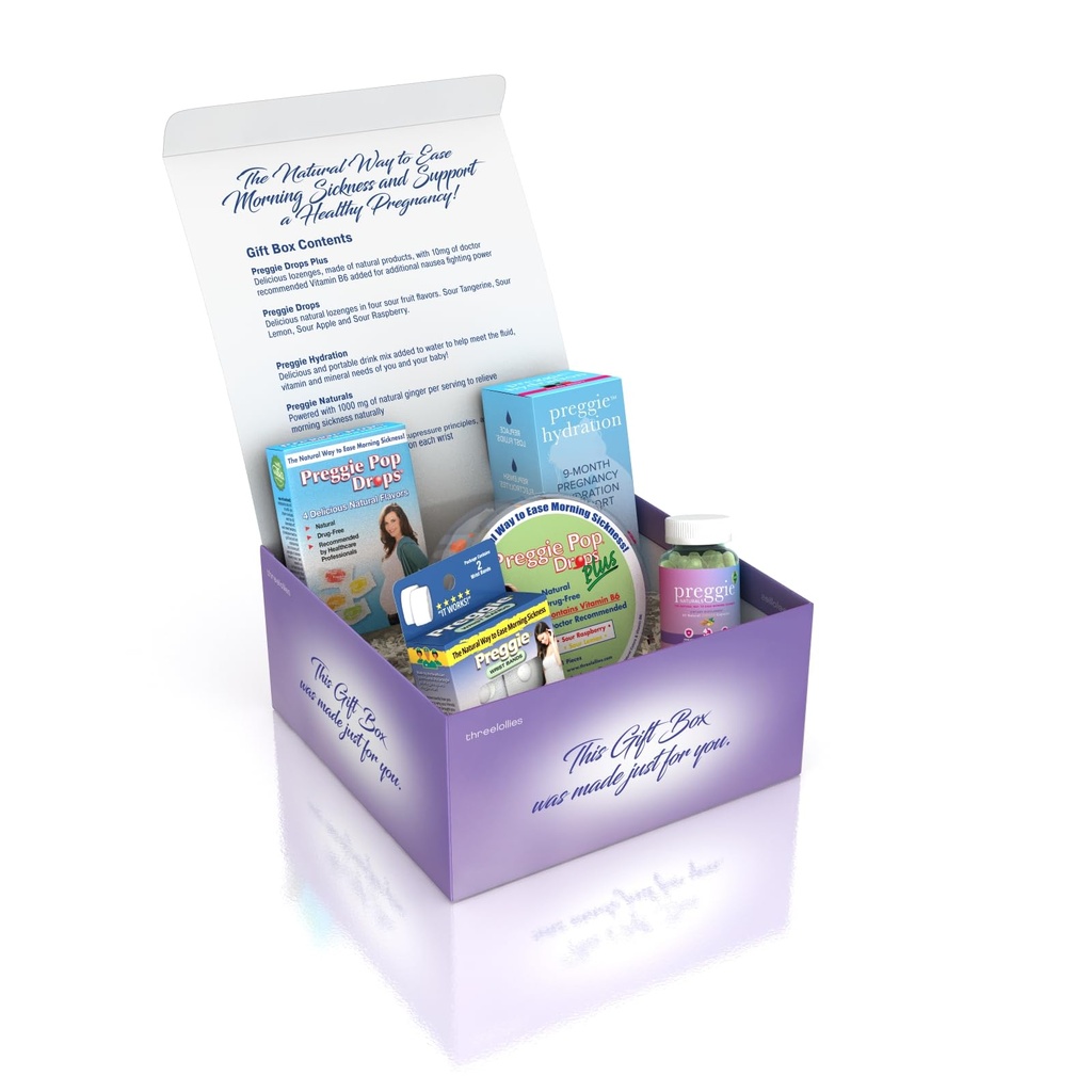 Kolme Lollies Preggie Lahjalaatikko - Luonnollinen, raskaus Pahoinvointi helpotus Essentials Anti-Sickness Lozenges, Hydration Packets, Inkivääri kapselit, & Pahoinvointi Bands aamupahoinvointia