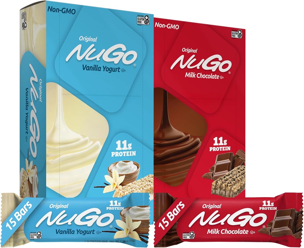 NuGo Original Variety, Vanilla Jogurtti 15 baaria & suklaa 15 baaria, 11 g proteiinia, gluteeniton, 30 kreivi