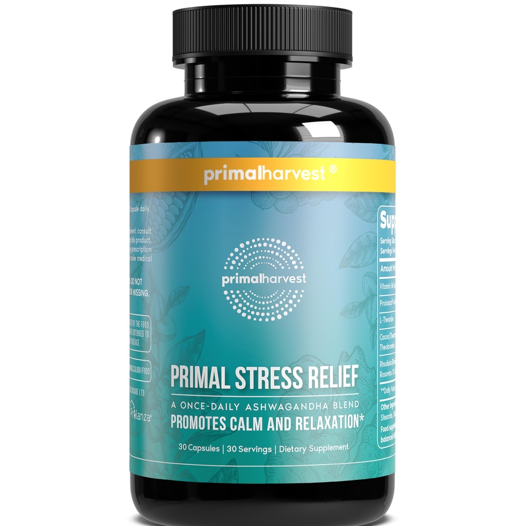 Primal Harvest Stress Relief Supplement naisten ja miesten Puhdas Ashwagandha juuriuute, L-Theanine lisäravinteet, 30 kapselia