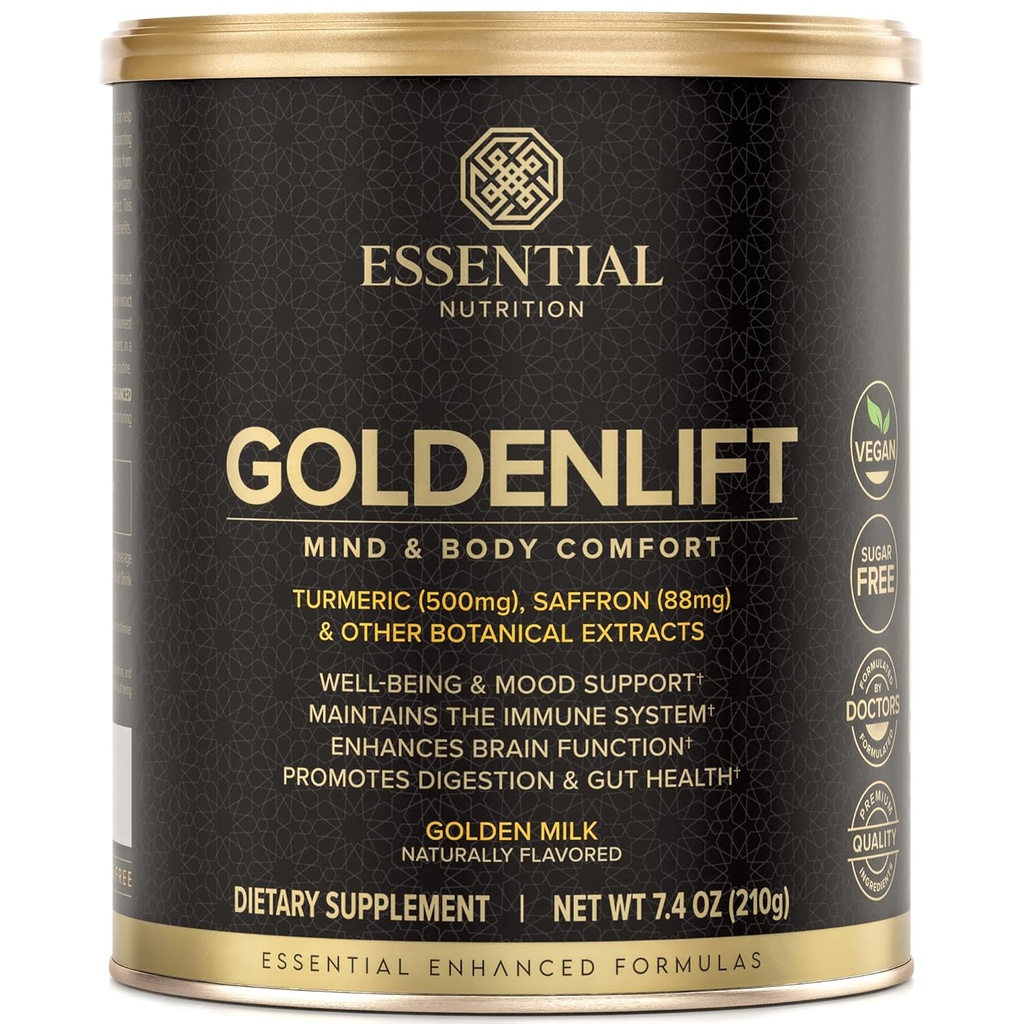 Essential Nutrition Golden Lift - Golden Milk Supplement - Vegan - Kaneli, sahrami, kaneli, Cayenne & Black Pepper Standarded Uutteet - Mind & Body Comfort - 7.4 oz (30 tarjoilua)