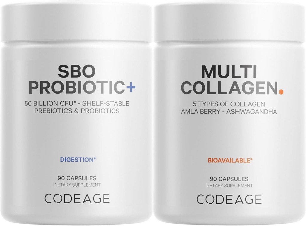 Codeage Multi Collagen Protein Capsules 5 Tyypit, Ashwagandha Withania Somnifera & Organic Amla Berry + SBO Probiotic Blend 50 Bundle, Lactobacillus Plantarum, Bacillus Subtilis, ei-GMO