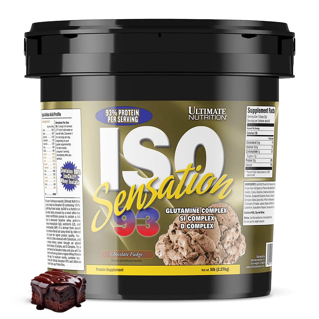 Ultimate Nutrition Iso Sensation 93, jossa on glutamiinia, Whey Protein Isolate Powder, 30 Grams of Protein, Low Carb Protein Shakes, Keto Friendly, 5 punta, suklaa Fudge Flavored
