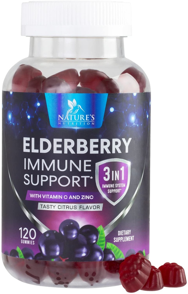 Elderberry Gummies kanssa C-vitamiini, D3 ja Sinkki - Immuuni tuki Gummy lapsille ja aikuisille, Musta Elderberry uute Gummy Immuno Health Support Supplement, Musta Vanhempi Marja vitamiini - 120 Gummies