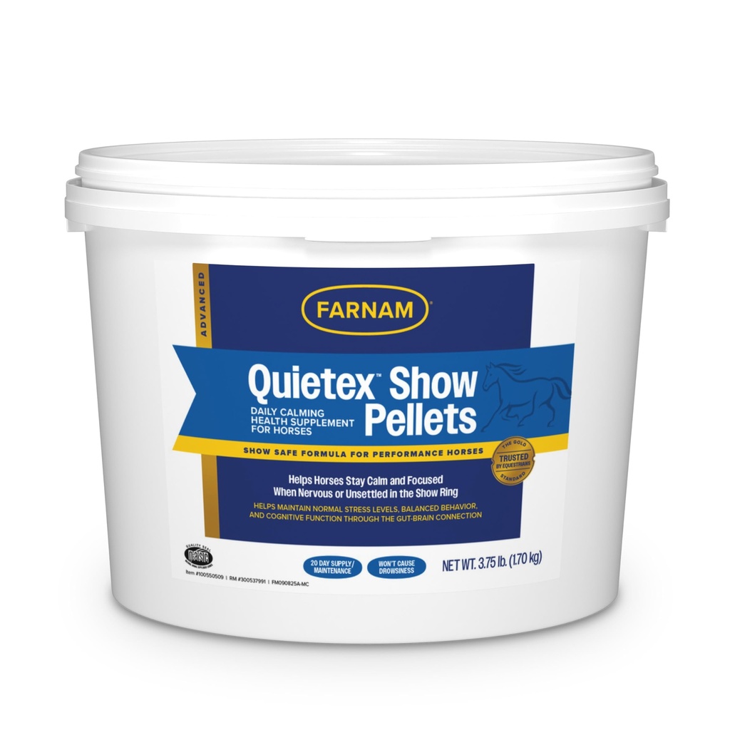 Farnam Quietex Show Pellets, hjälper till att hålla hästar lugna och avkopplade som blir nervösa i showen Ring 3,75 lbs.