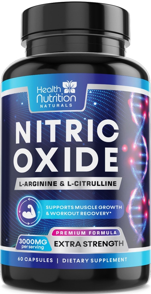 Extra Strength Nitric Oxide Booster 3000mg - 3X L-Araginine AKG & HCI + L-Citrulline Malate - Bästa muskelstödjande Nitric Supplement - Naturenergi, Hjärthälsostöd Bottled USA - 60 kapslar