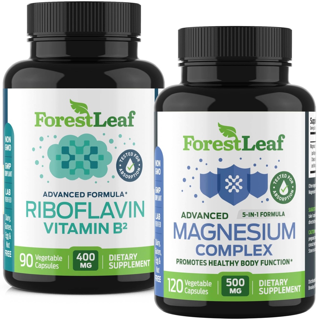 ForestLeaf Riboflaviini & Magnesium migraiini Supplement - Riboflaviini 400 mg päänsärkyyn Relief - Ultimate Magnesium B2-vitamiini 400 mg päänsärkyyn Migreeni Relief-kapselit