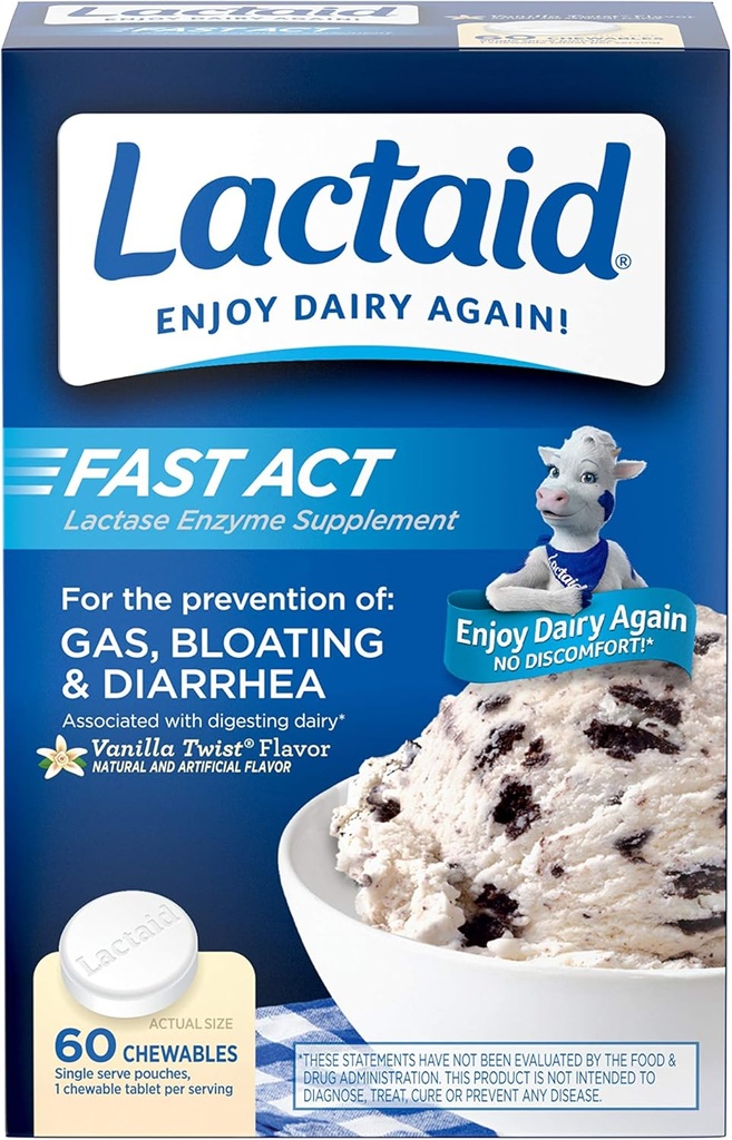 Lactaid Fast Act Laktoosi-intoleranssi Pureskelee laktaasi-entsyymeillä, vanilja, 60