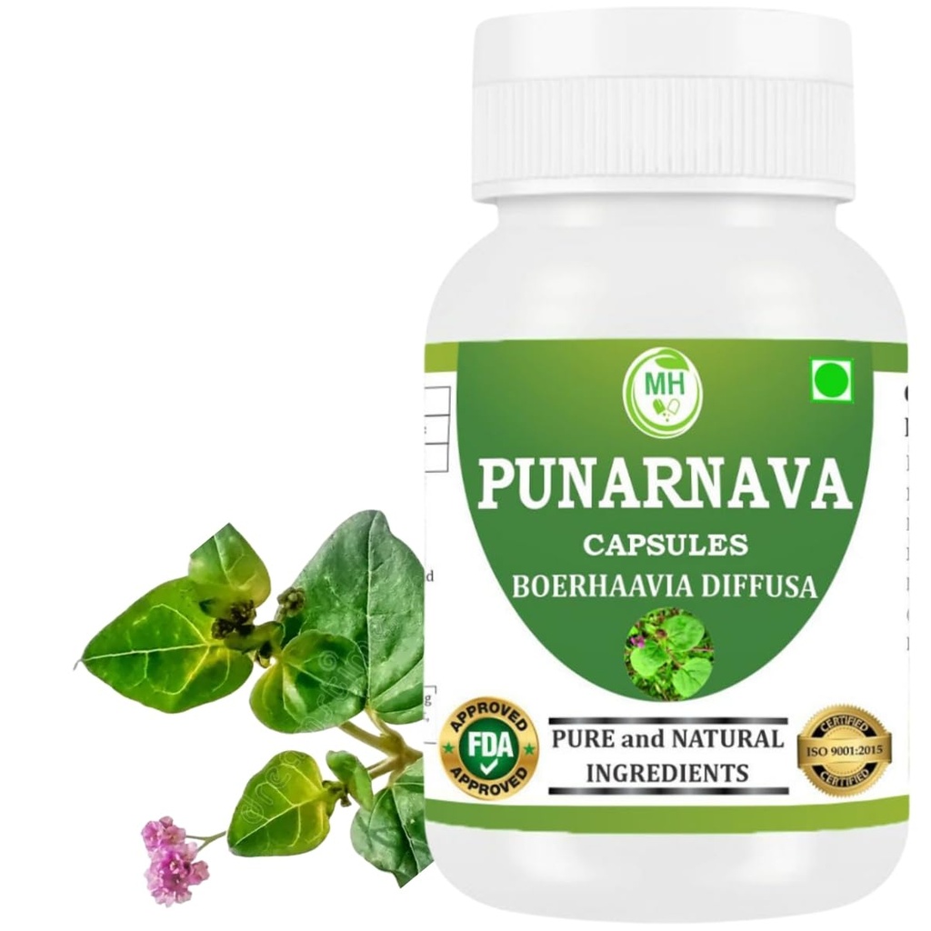 Punarnava Capsules (Boerhaavia Diffusa) 500mg - 60 Veg Capsules | Herbal Wellness Supplement för Natural Kidney & Liver Support | Plant-Based Detox & Cleansing Formel | Pack av 1