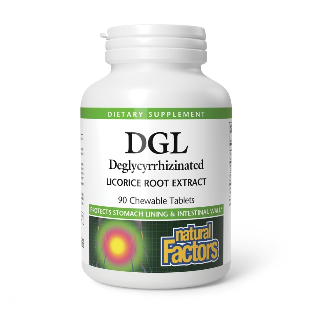 Natural Factors DGL Chewable - Ruoansulatuskanavan tuki täydentää lakritsi juuriuute - pureskeltavat tabletit Tuki vatsan lining & Health - ei-GMO & Gluteenittomat - 90 purutablettia (90 tarjoilua)