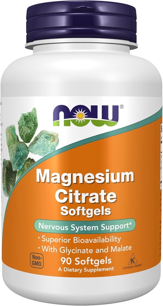 NOW Foods Supplements, Magnesium Citrate, med Glycinate & Malate, Nervous System Support*, 90 Softgels