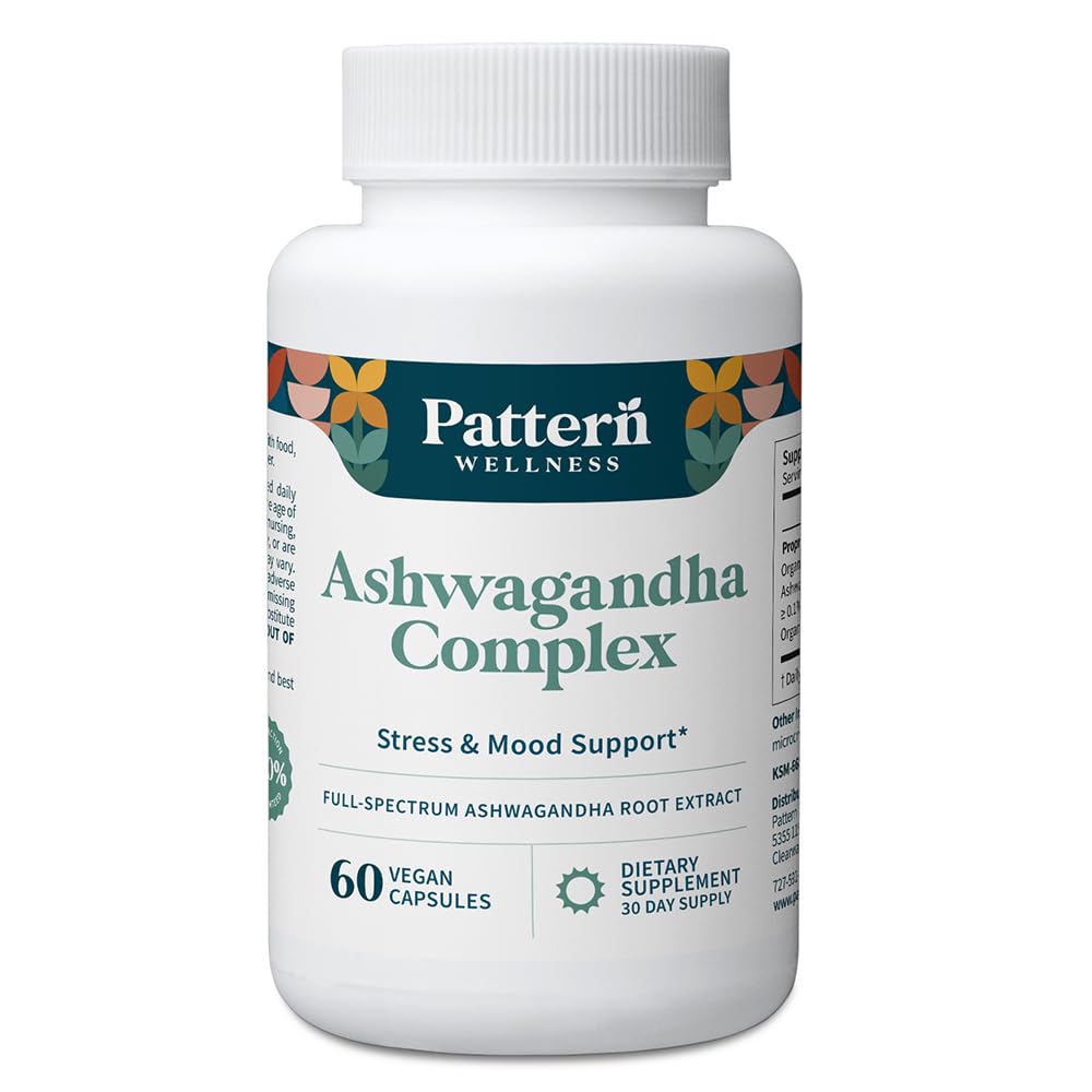 Pattern Wellness Ashwagandha Complex för män och kvinnor - KSM-66 & Black Pepper Extract - Hel kropp och hjärthälsa - Stöder stress och humör - Icke-GMO - 60 Vegan kapslar