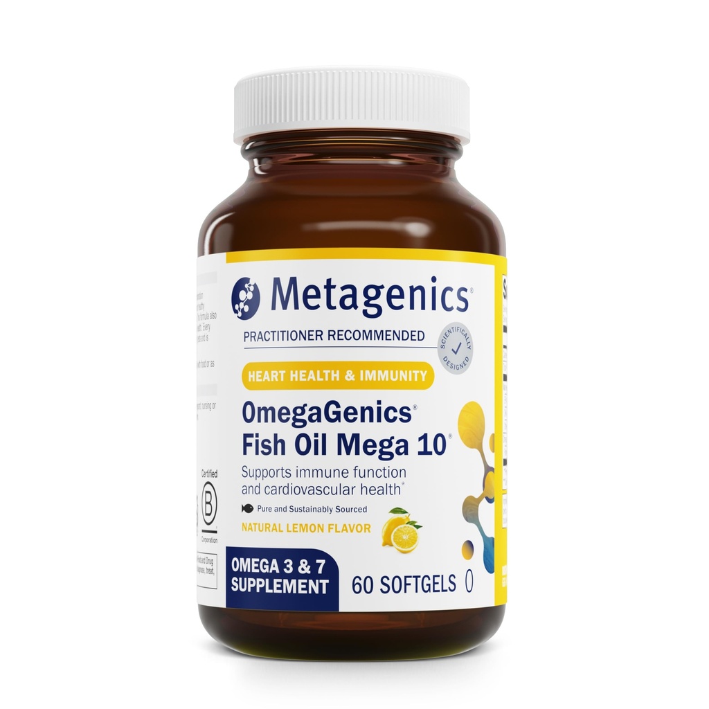 Metagenics OmegaGenics Mega 10 Omega Supplement- with Omega-7, 330 mg EPA & 170 mg DHA for Heart Health*- kestävästi Lähde & Ei Fishy Jälkimaku - ei-GMO & Gluteeniton - 60 Softgels