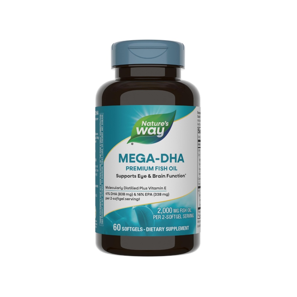 Naturens sätt Mega-DHA Premium Fish Oil, stöder ögon och hjärnfunktion *, Omega-3, 2 000 Fish Oil mg per 2-Softgel Servering, 60 Softgels (Packaging May Vary)