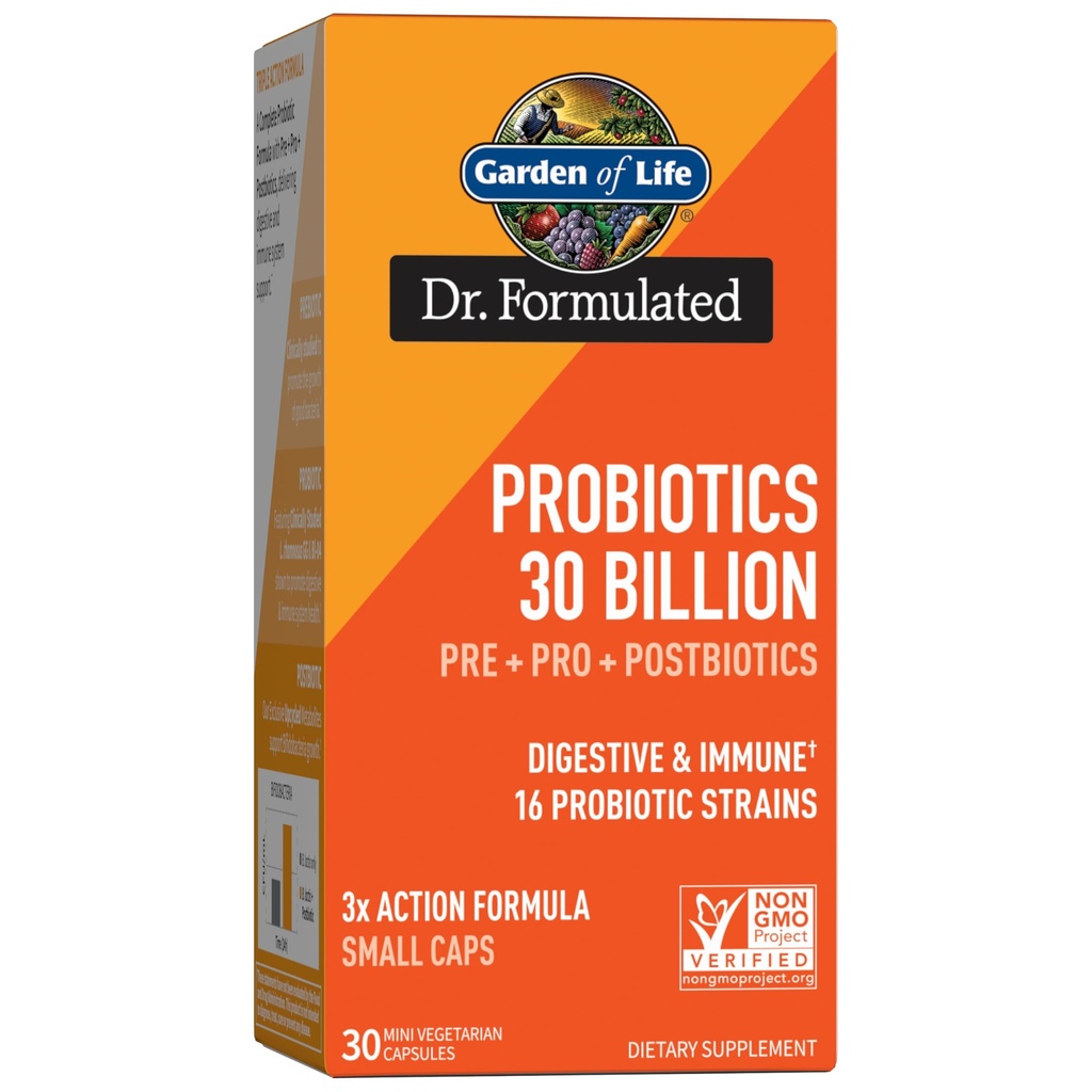 Puutarha Life Dr Formulated Probiootit 30 miljardia PMY Pre + Pro + Postbiootit miesten ja naisten Ruoansulatus- ja immuunituki, peruna, Acacia, Postbiootit Metabolites, 30 Mini Kasvissyöjä kapselit