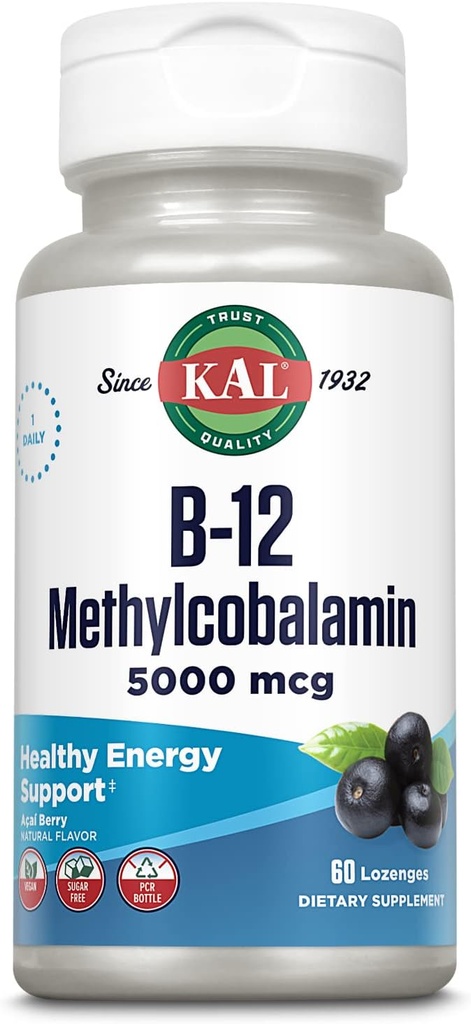 KAL Vitamin B-12 Methylcobalamin Lozenges 5000mcg, hälsosam energi, metabolism, Nerve & Red Blood Cell Support, * Optimal Absorption, Natural Acai Flavor, Vegan, Sugar Free, 60 Servings, 60 Lozenges