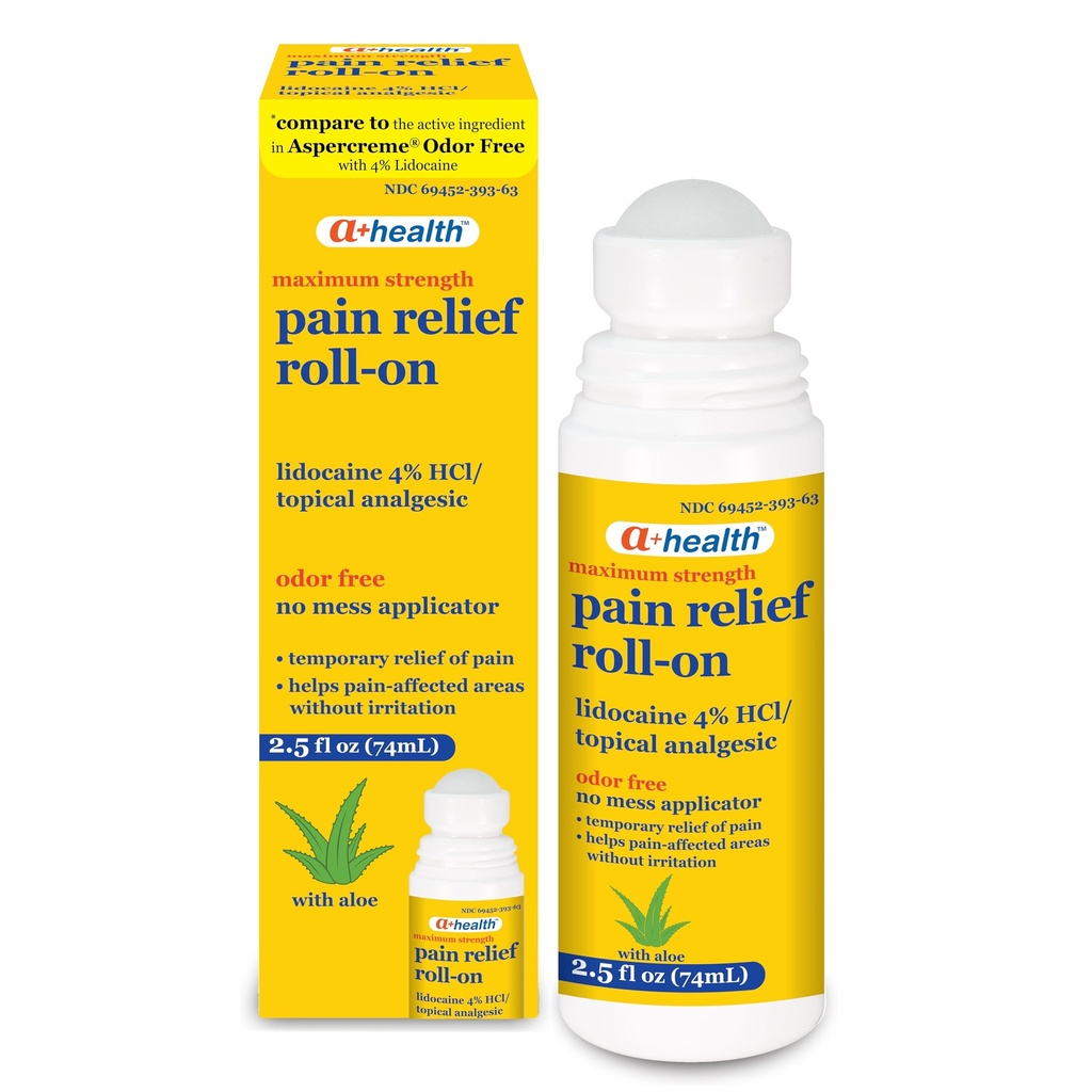 A+Health Pain Relief Roll-On Lidokaiini 4%, Odor Free, Maximum Strength Pain + kutina Relief Aloe, valmistettu Yhdysvalloissa, 2,5 fl Ounces