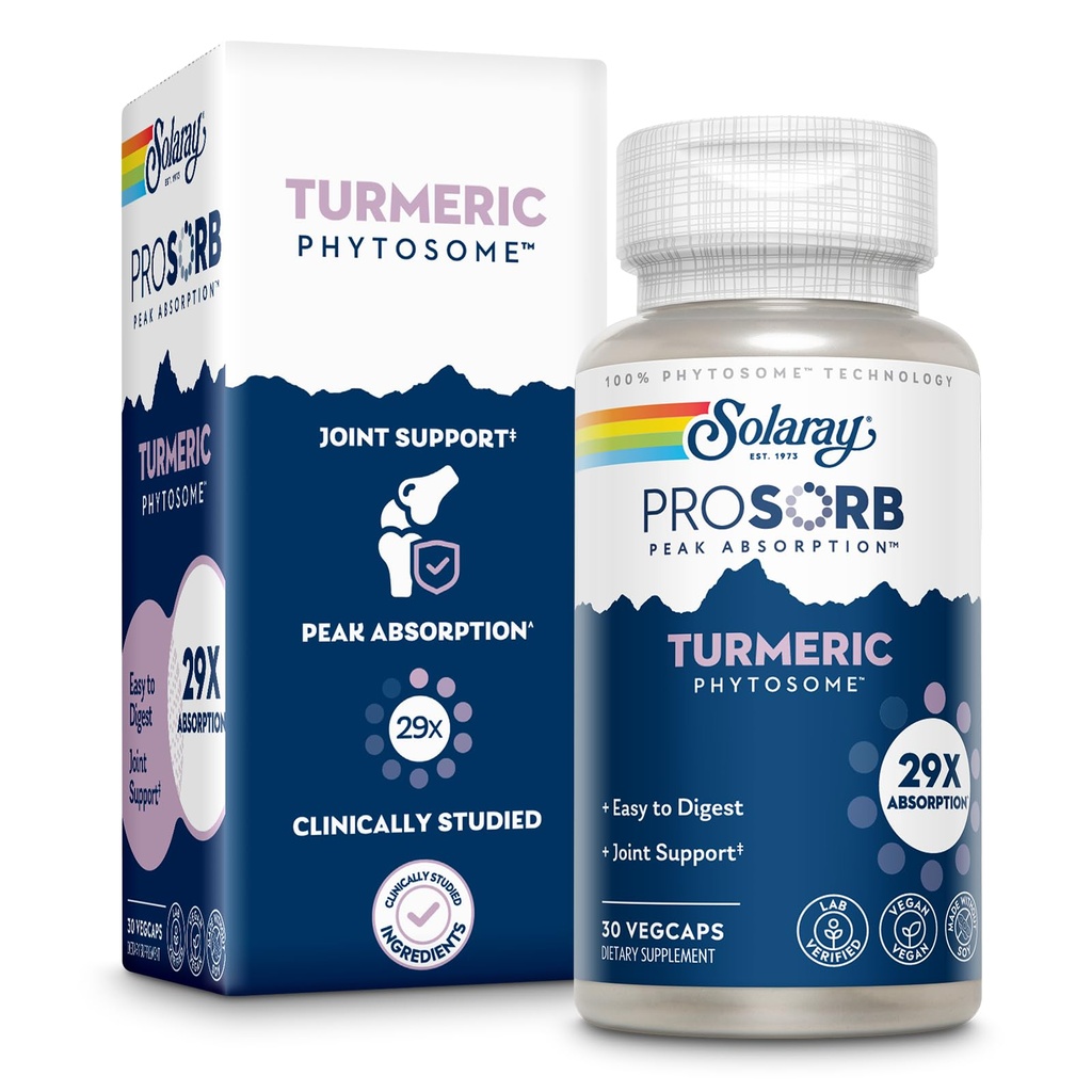 SOLARAY ProSorb Turmeric Supplement Phytosome 500 mg - 29X High Absorption Turmeric Curcumin Supplement för Joint Health Support - Easy-to-Digest Curcumin, Vegan, 60-dagars garanti, 30 Serv, 30 VegCaps
