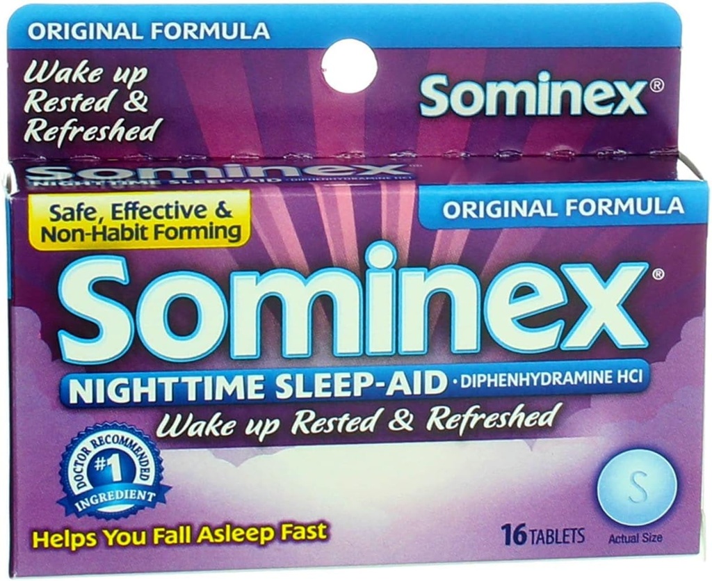 Sominex Nighttime Sleep-Aid med Diphenhydramine HCl 25 mg, Original Formel, 16 tabletter, (Pack av 1)