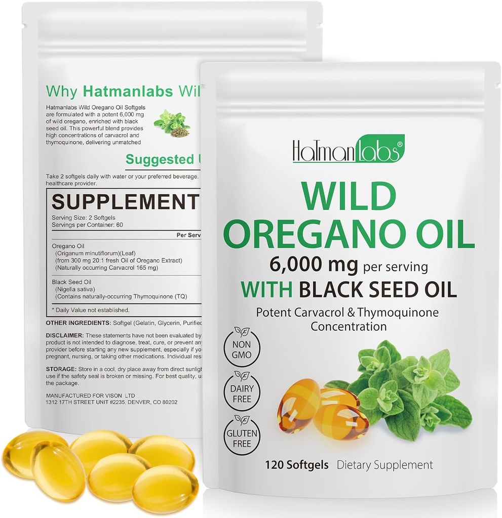Oil of Oregano Kapselit - Ainesosat Oil of Oregano Softgels - 2 in 1 6000mg Oil of Oregano kanssa Black Seed Oil 200mg - High Carvacrol & Thymokinone for Immune Support