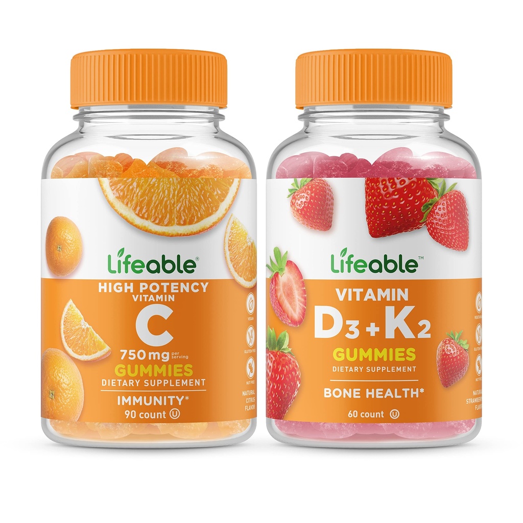 Elinkelpoinen C-vitamiini 750 mg + D3-vitamiini + K2-vitamiini, Gummies Bundle - suuri kastike, vitamiini täydentää, gluteeniton, GMO vapaa, pureskeltava Gummy