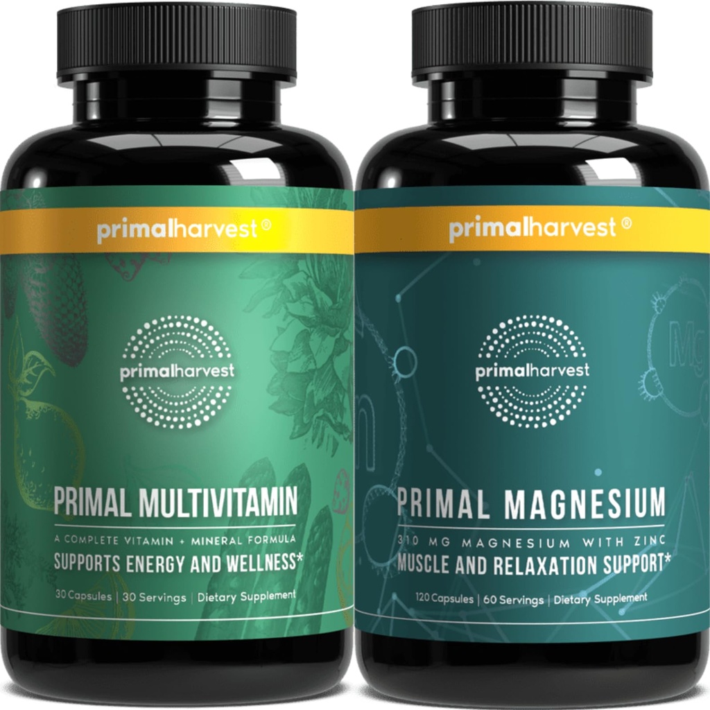 Primal Harvest Multivitamiini & Magnesium lisäravinteet naisille ja miehille Multivitamiini kapselit ja magnesium Glycinate pillereitä Bundle
