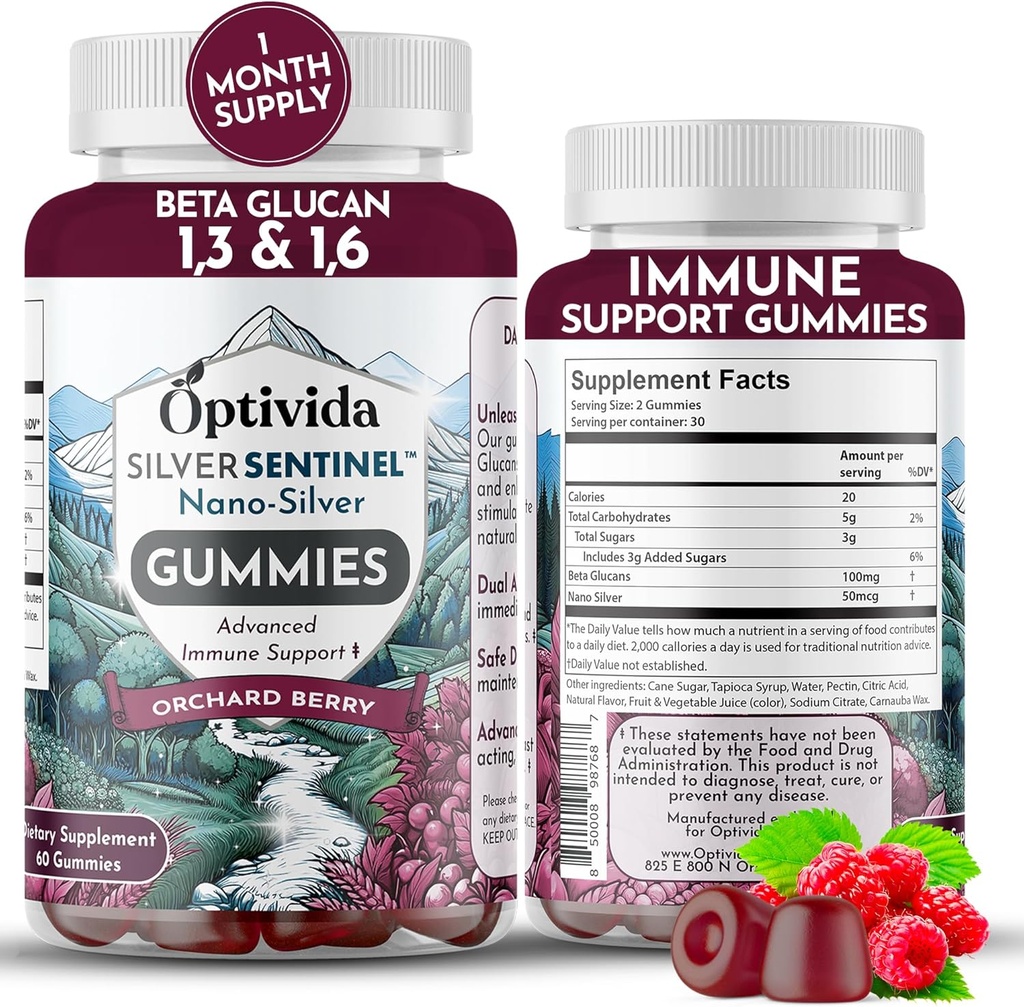 Optivida Nano Silver Immuuni Tuki Gummies (60 Count) ... Beta Glucan lisäravinteet päivittäiseen immuunitukeen, Orchard Berry Flavor for Immuno Health, Kolloidinen Silver Supplement Beta Glucan 100