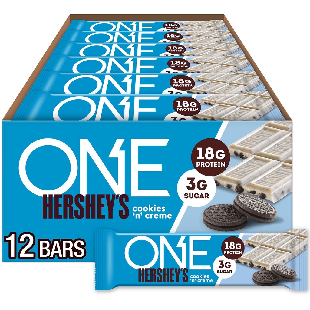 ONE Proteiinipatukat, Hershey's Cookies 'n' Creme, gluteeniton 18 g proteiinilla ja 3 g sokerilla, ruokakomero nitoja, 2.12 oz (12 kreivi)