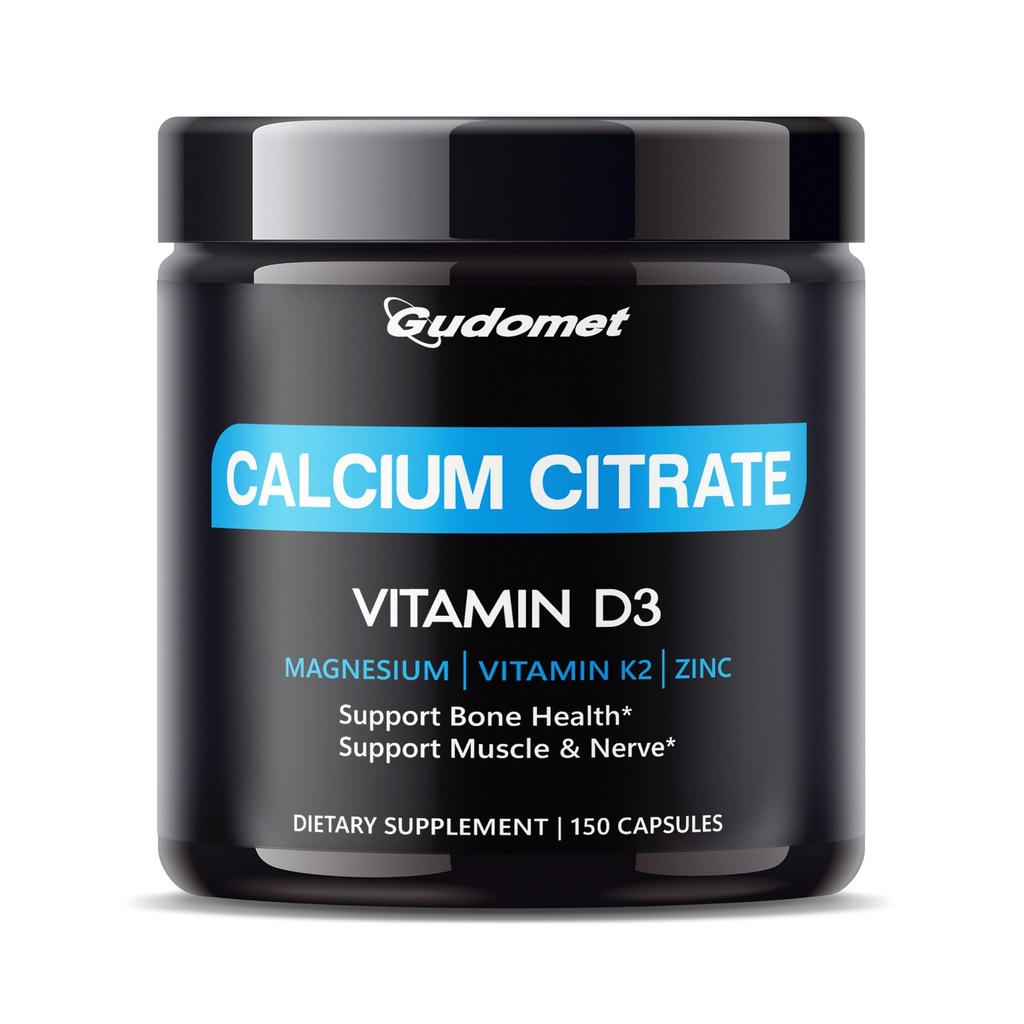 High-Absorption Calcium Citrate med vitamin D3 & K2 - Stöder ben, muskel och nervhälsa - 150 kapslar, tillverkade i USA