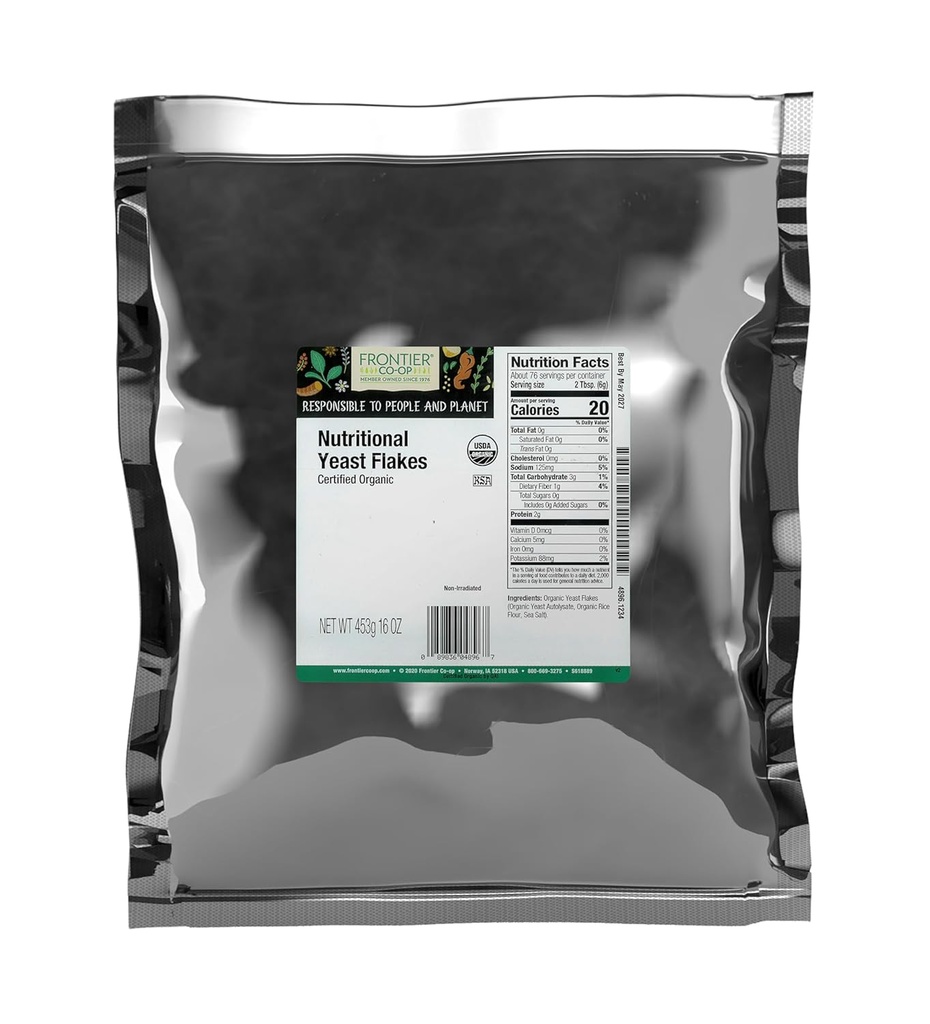 Frontier Co-op Organic Nutritional Jeast Flakes, 16 Oz, Bulk Bag - Essential B-vitamiinit, Säteilytön, Kosher Hiiva - Parmesan Juusto Varaosa