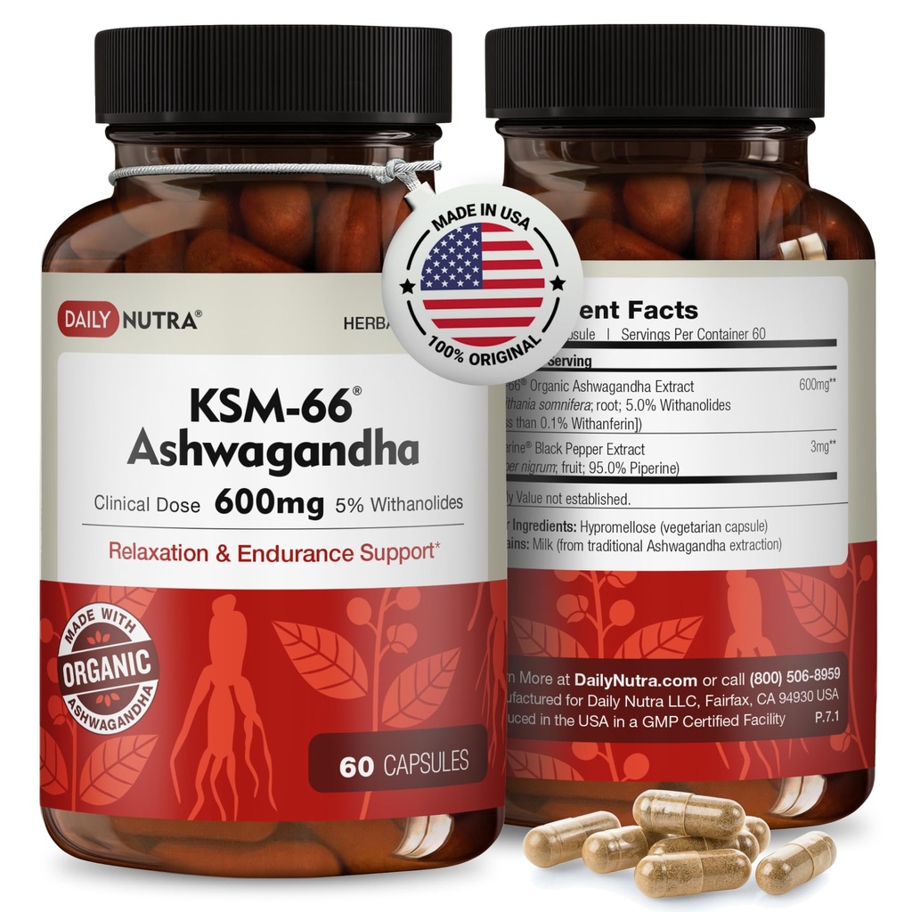 DailyNutra KSM-66 Ashwagandha 600mg Organic Root Extract - High Potency Supplement 5% Withanolides ...