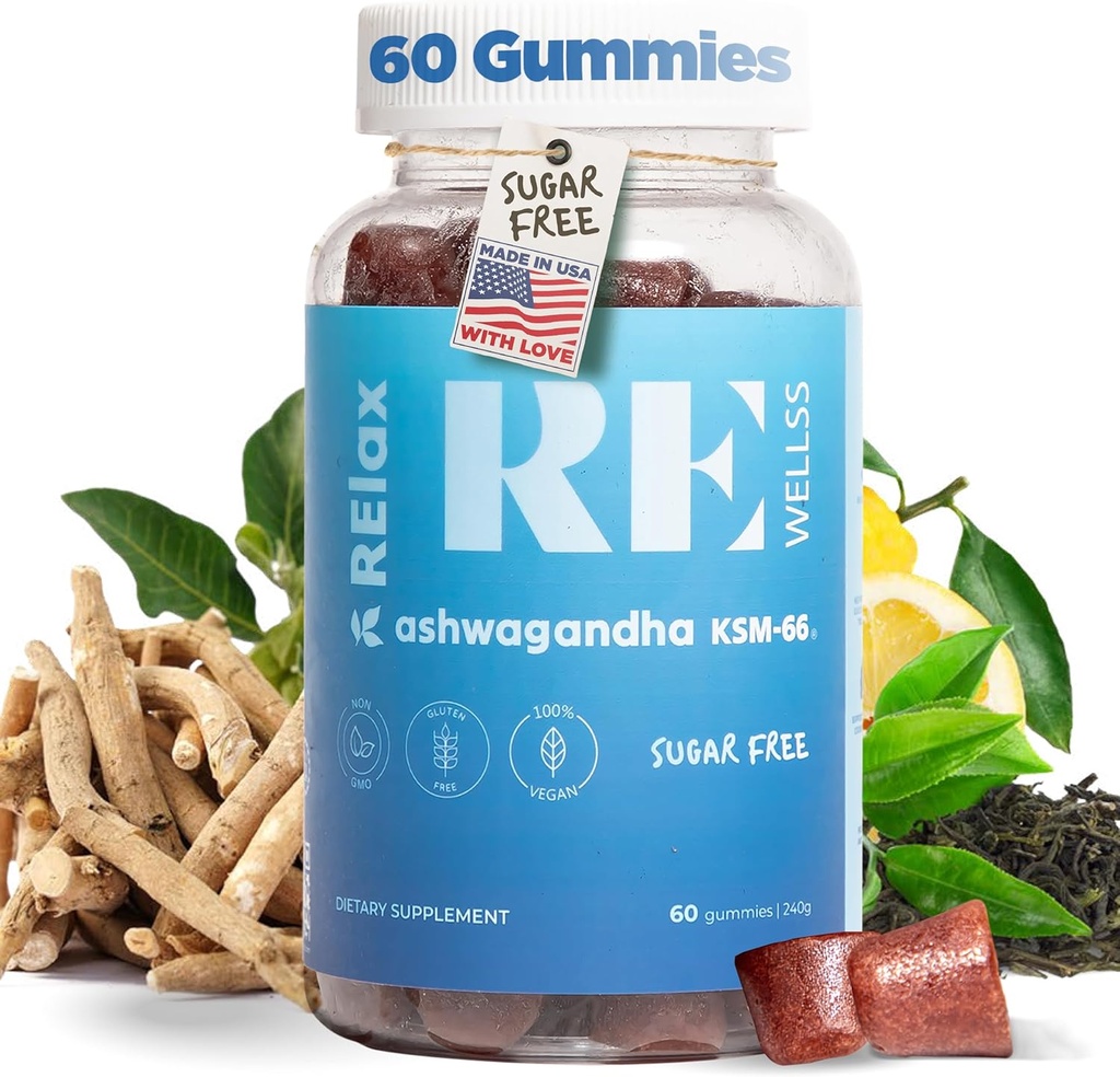 Ashwagandha & Vitamin D Gummies | Kosttillskott | KSM 66 Ashwagandha för lugn stöd 300mg | L-Theanine Lemon Balm | Natural Herbal Non-GMO Sugar Free Gluten Gelatin Free | 1 Pack