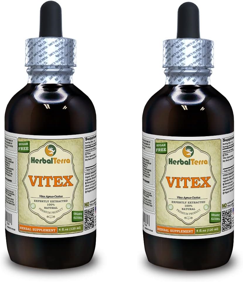 Vitex (Vitex Agnus-Castus) Tincture, Organic kuivattu marjat nesteuute (Brand Name: HerbalTerra, ylpeästi valmistettu Yhdysvalloissa) 2x4 fl.oz (2x120 ml)