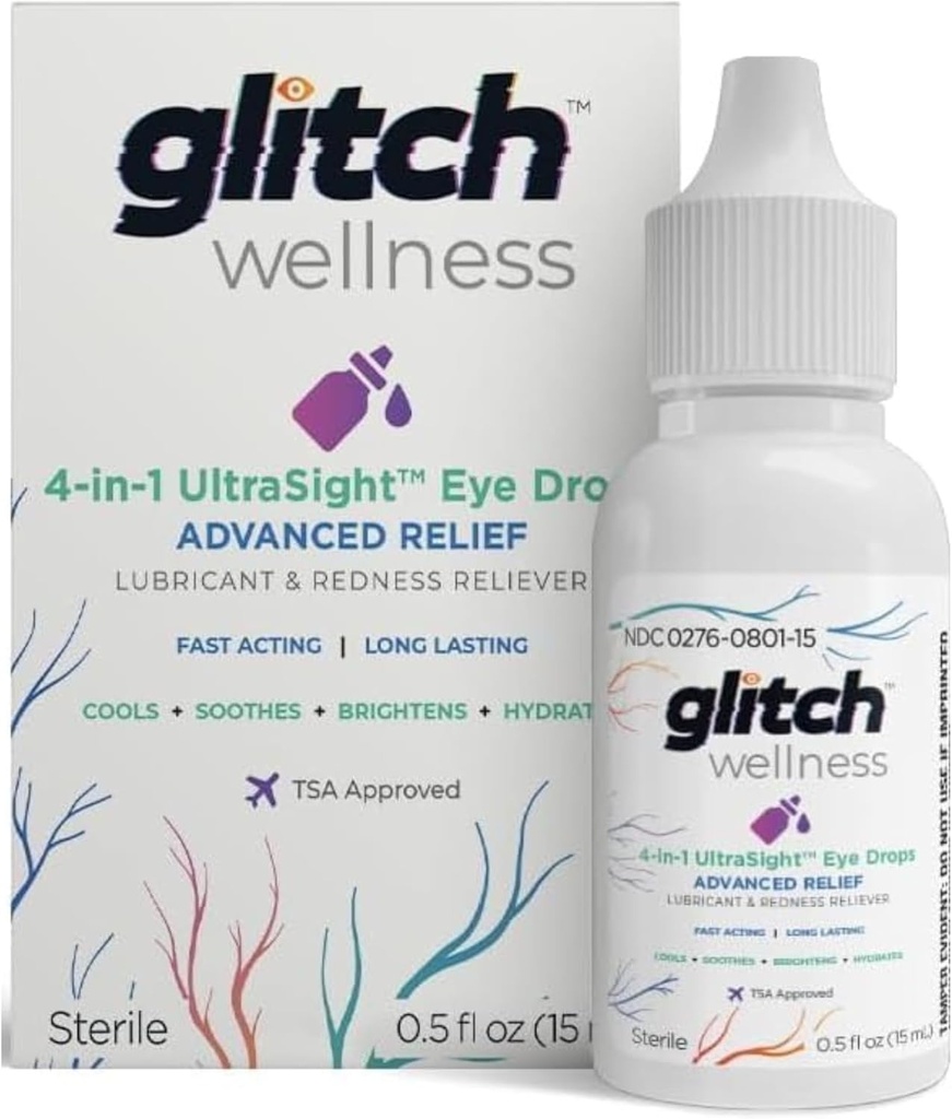 Glitch UltraSight Eye Drops för Dry Eyes 15mL - 4 i 1 Avancerad lättnad Dry Eye Drops - All Day Comfort med Hydration, Brightening, Cooling - Effektivt lugnar irritation och torrhet - 0,5 Fl Oz
