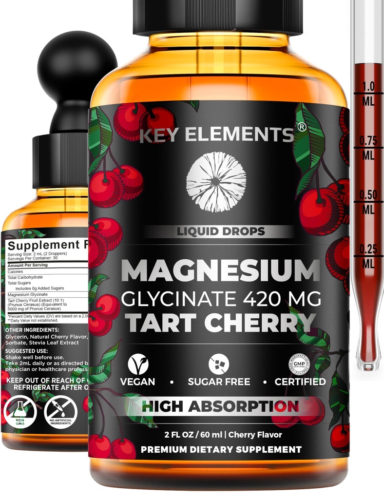 Liquid Magnesium Glycinate 420 Mg Natural Tart Cherry Extract ... Magnesium Glycinate Drops Supplement for Sleep, Mood & Mobility Support