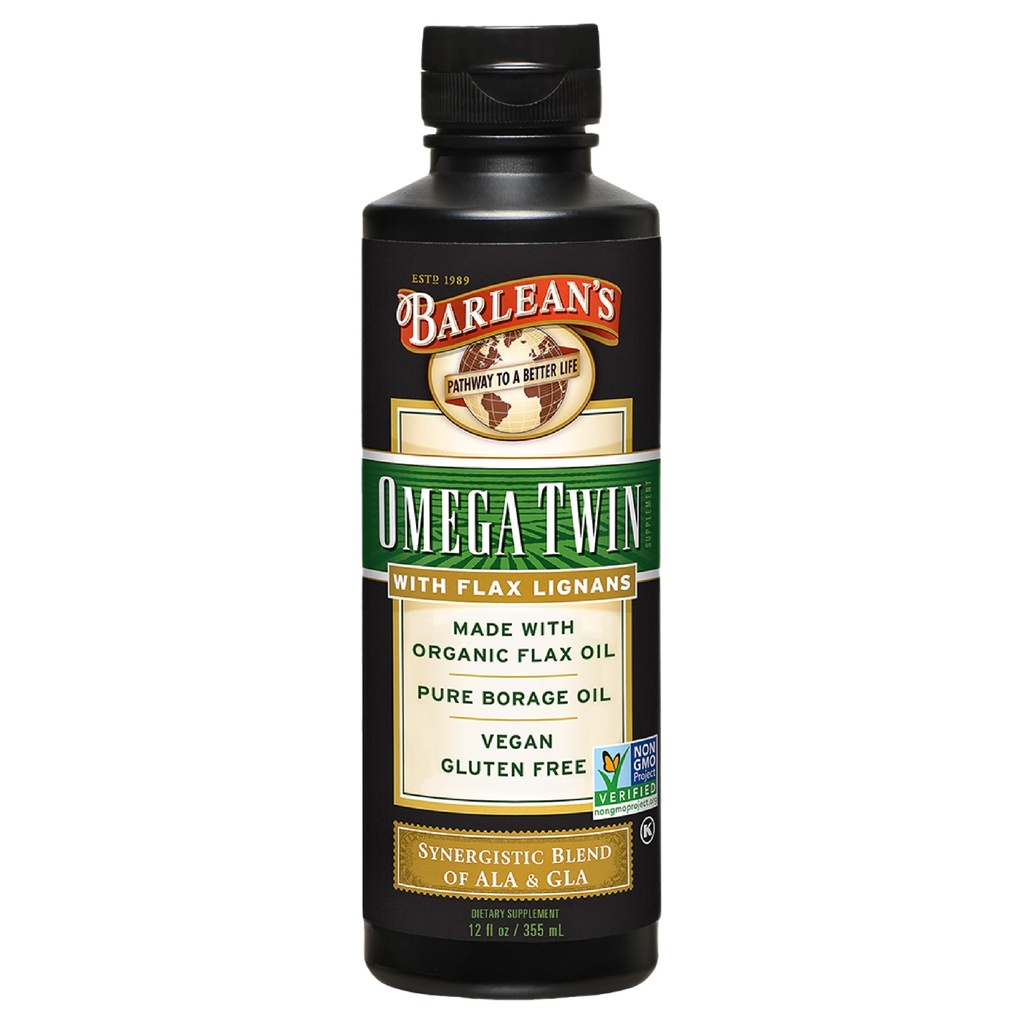 Barleans Omega Twin Liquid Flaxseed Oil och Pure Borage Oil Supplement med Lignans, 6,010mg ALA och 465mg GLA Omega Fatty Acids från Organic Flax Seed och Cold Pressed Borage Seeds, 12 oz
