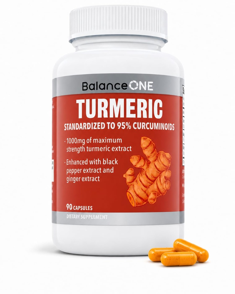 Balance ONE Turmeric Extract 1000mg Max Strength 95% Curcuminoidit - Turmeeric Curcumin täydentää yhteisen Comfort & Antioksidantti tukea - inkivääriuute ja BioPerine - 1 kuukausi toimitus